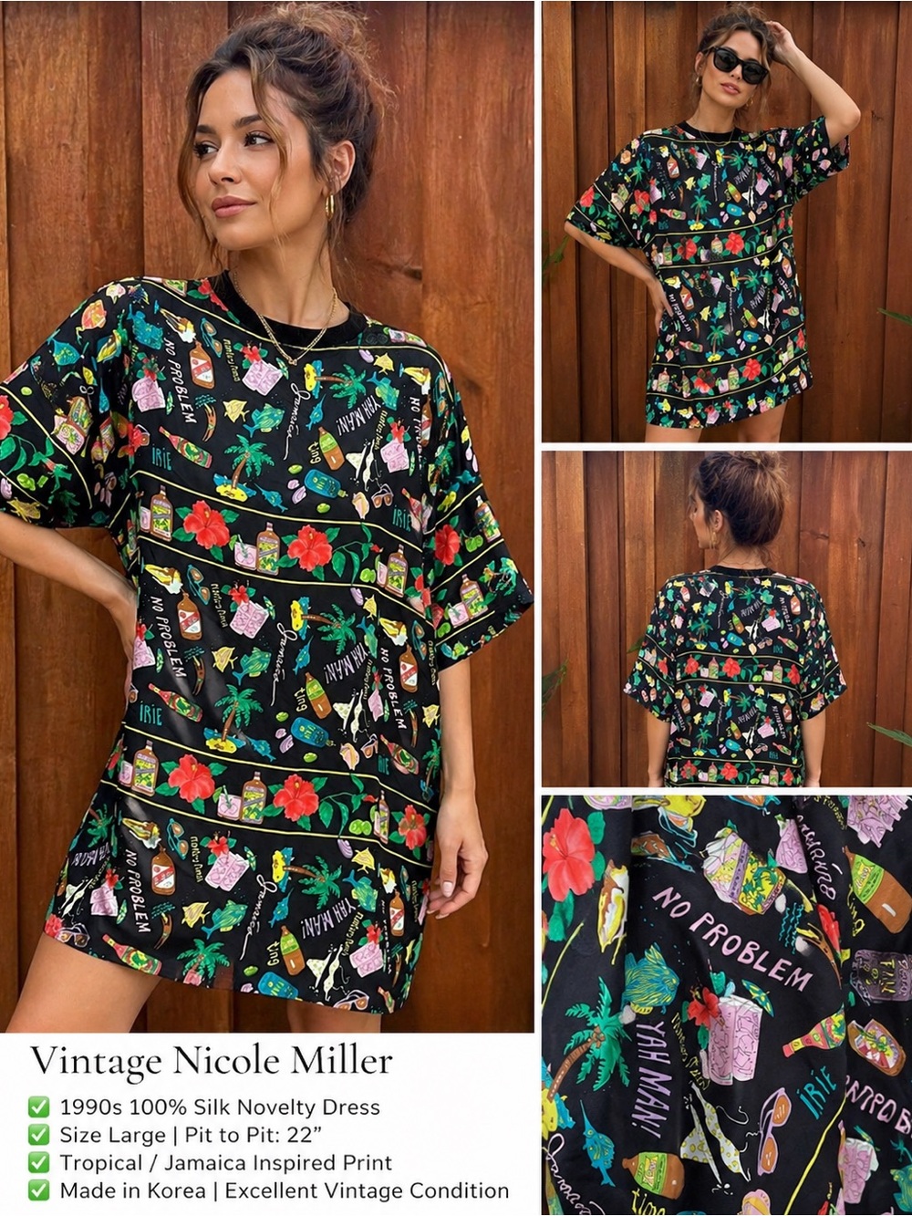 Vintage Nicole Miller 1990s 100% Silk Tropical Novelty Dress L Rare Art Print